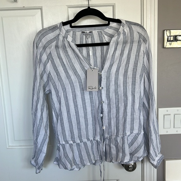 Rails Marti Cotton Button Detail Long Sleeve Blouse Shirt Top in Cayman Stripe - Picture 2 of 5
